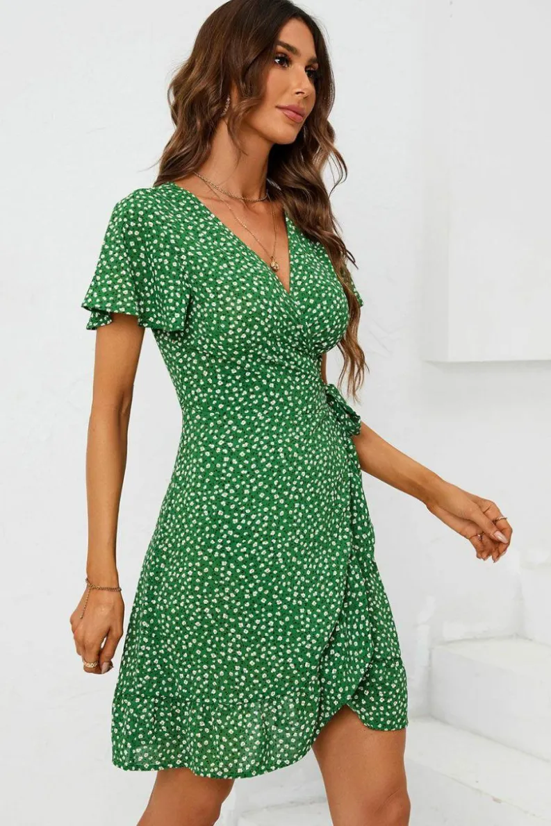 Wrap Dresses*FS Collection Floral Print Mini Wrap Dress In Green