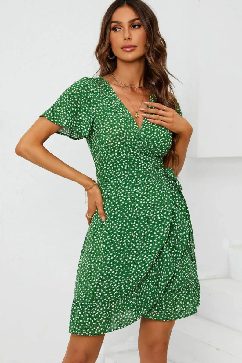 Wrap Dresses*FS Collection Floral Print Mini Wrap Dress In Green