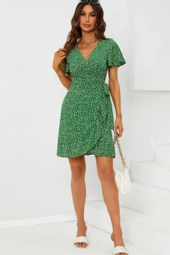Wrap Dresses*FS Collection Floral Print Mini Wrap Dress In Green