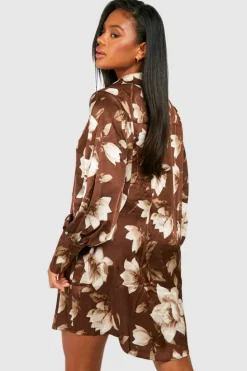 Shirt Dresses*boohoo Floral Print Oversized Shirt Dress brown