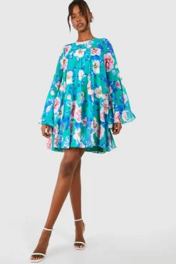 Smock Dresses*boohoo Floral Print Pleated Detail Smock Dress green