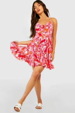 Smock Dresses*boohoo Floral Print Tie Back Ruffle Swing Dress pink