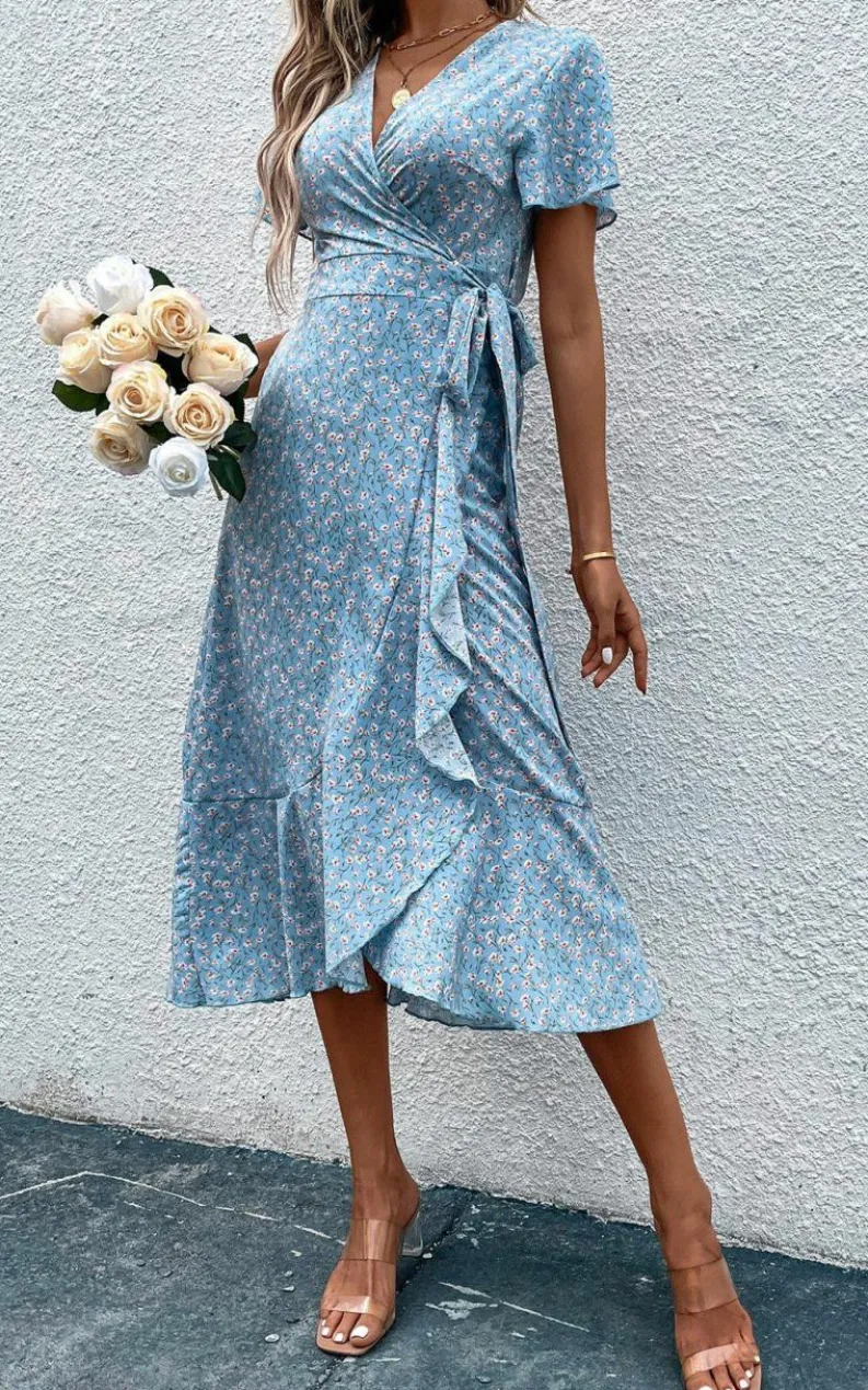 Wrap Dresses*FS Collection Floral Print Wrap Hem Midi Dress In Light Blue