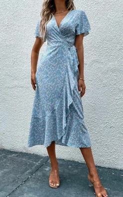 Wrap Dresses*FS Collection Floral Print Wrap Hem Midi Dress In Light Blue