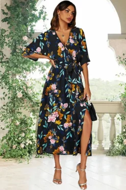 Wrap Dresses*FS Collection Floral Print Wrap Top Kimono Sleeve Split Maxi Dress In Black