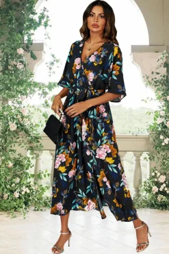 Wrap Dresses*FS Collection Floral Print Wrap Top Kimono Sleeve Split Maxi Dress In Black