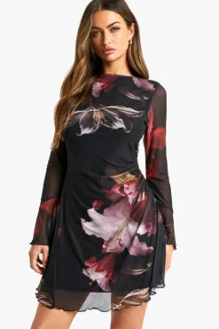 Mini Dresses*boohoo Floral Printed Mesh A Line Mini Dress black