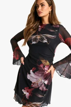 Mini Dresses*boohoo Floral Printed Mesh A Line Mini Dress black