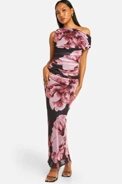 Maxi Dresses*boohoo Floral Printed Mesh Off The Shoulder Maxi Dress black