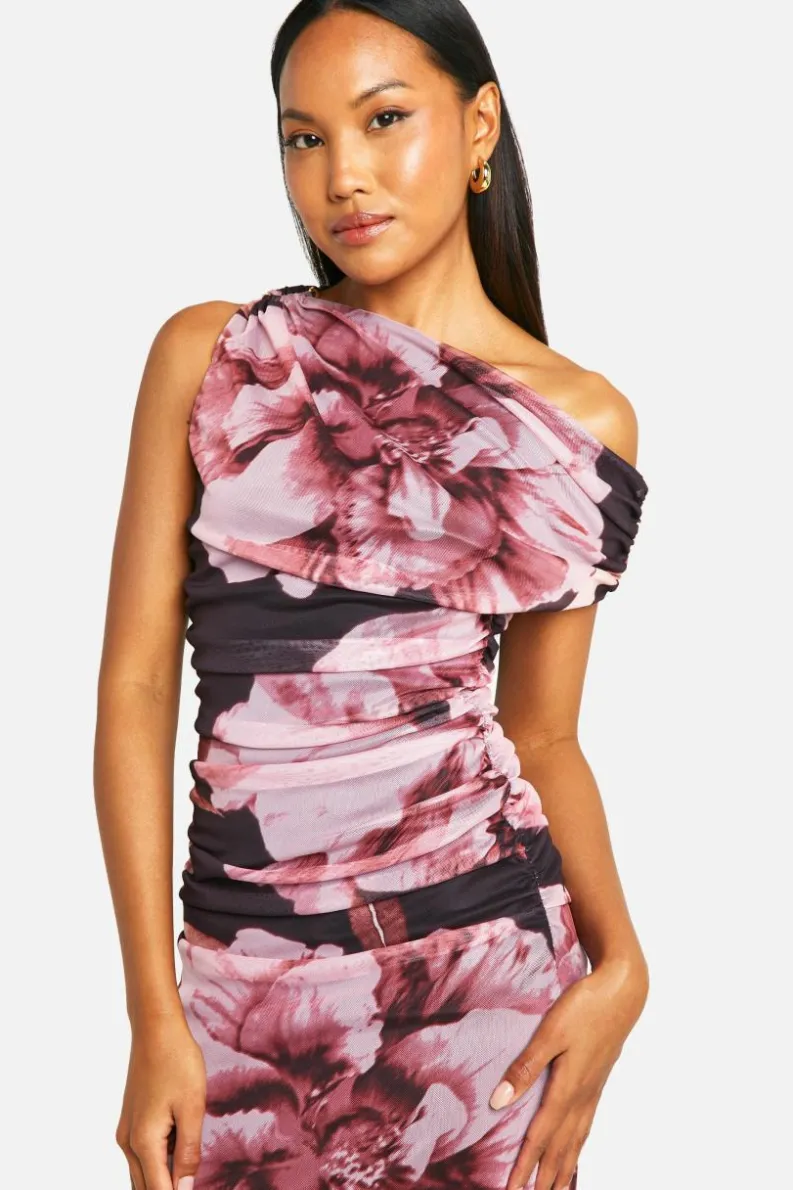 Maxi Dresses*boohoo Floral Printed Mesh Off The Shoulder Maxi Dress black
