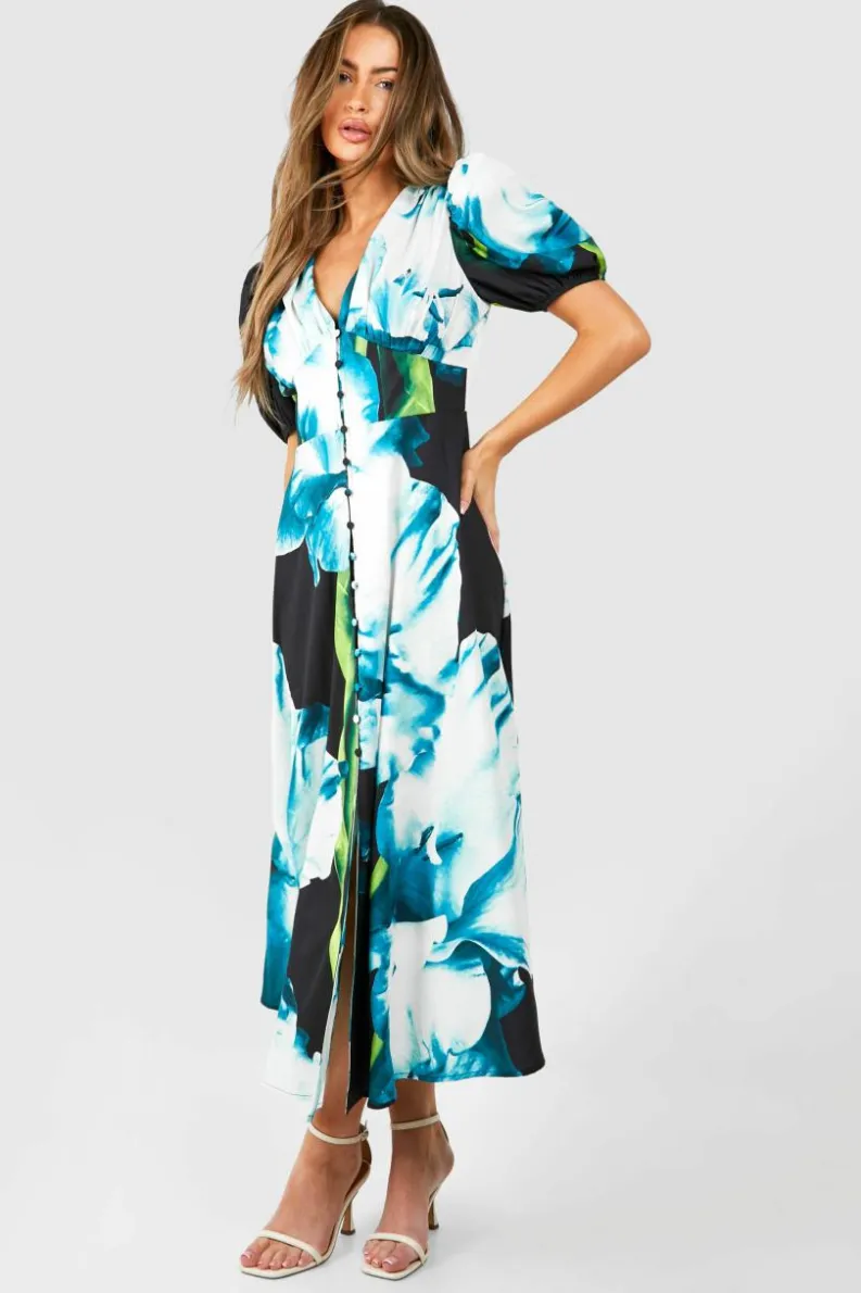 Midi Dresses*boohoo Floral Puff Sleeve Button Through Midi Dress blue