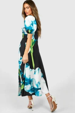 Midi Dresses*boohoo Floral Puff Sleeve Button Through Midi Dress blue