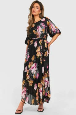 Midi Dresses*boohoo Floral Puff Sleeve Midi Dress black