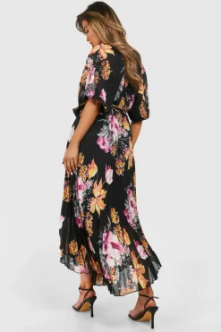 Midi Dresses*boohoo Floral Puff Sleeve Midi Dress black