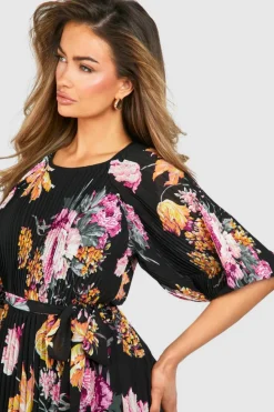 Midi Dresses*boohoo Floral Puff Sleeve Midi Dress black