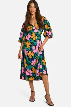 Cami Dresses|Midi Dresses*boohoo Floral Puff Sleeve Tie Back Midi Dress multi