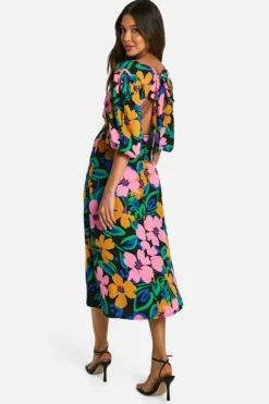 Cami Dresses|Midi Dresses*boohoo Floral Puff Sleeve Tie Back Midi Dress multi