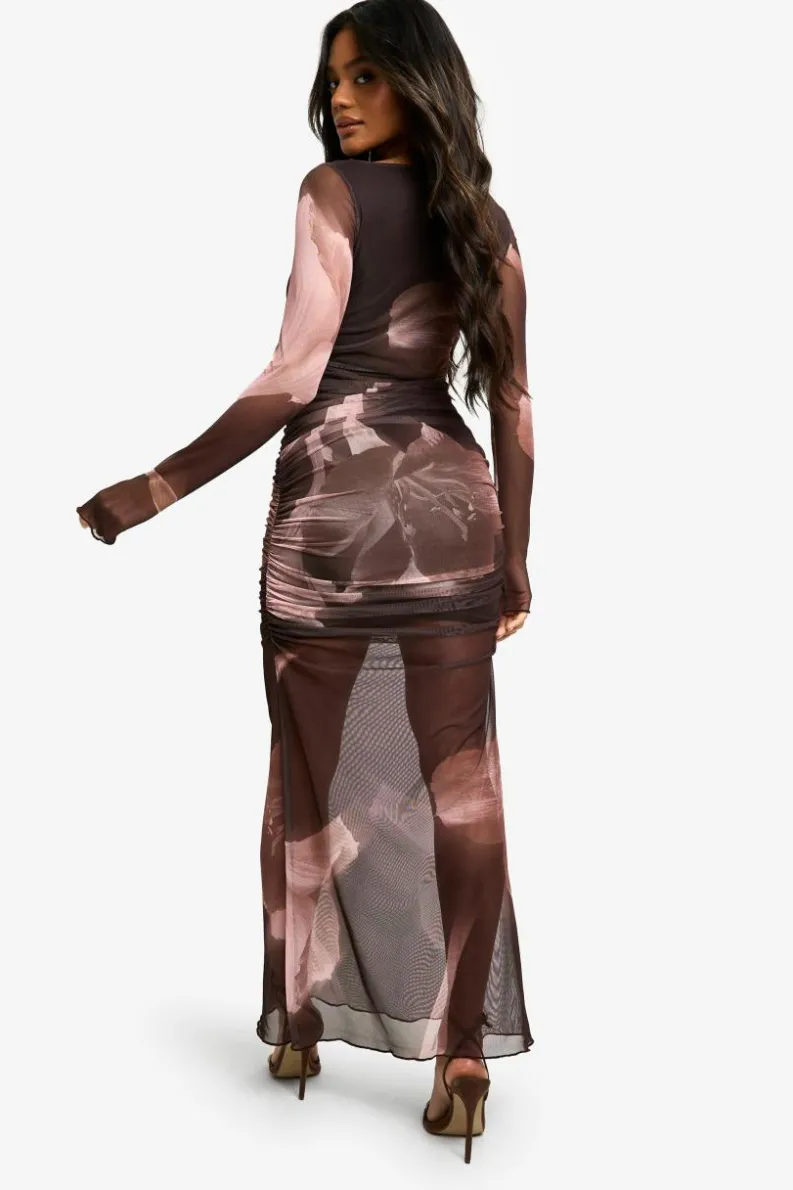 Maxi Dresses|Long Sleeve Dresses*boohoo Floral Ruched Mesh Maxi Dress choc brown