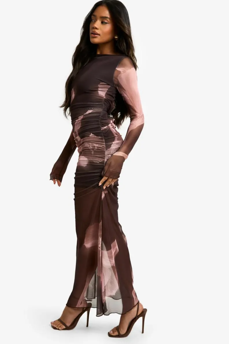 Maxi Dresses|Long Sleeve Dresses*boohoo Floral Ruched Mesh Maxi Dress choc brown
