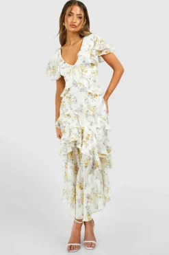 Skater Dresses*boohoo Floral Ruffle Maxi Dress cream