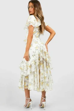 Skater Dresses*boohoo Floral Ruffle Maxi Dress cream