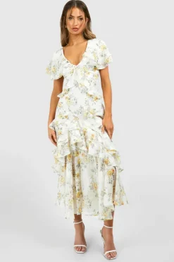 Skater Dresses*boohoo Floral Ruffle Maxi Dress cream