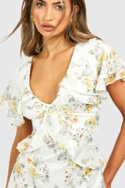 Skater Dresses*boohoo Floral Ruffle Maxi Dress cream