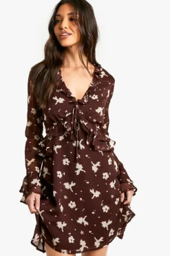 Smock Dresses*boohoo Floral Ruffle Sleeve Mini Dress brown