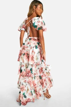 Skater Dresses*boohoo Floral Ruffle Tiered Cut Out Maxi Dress white