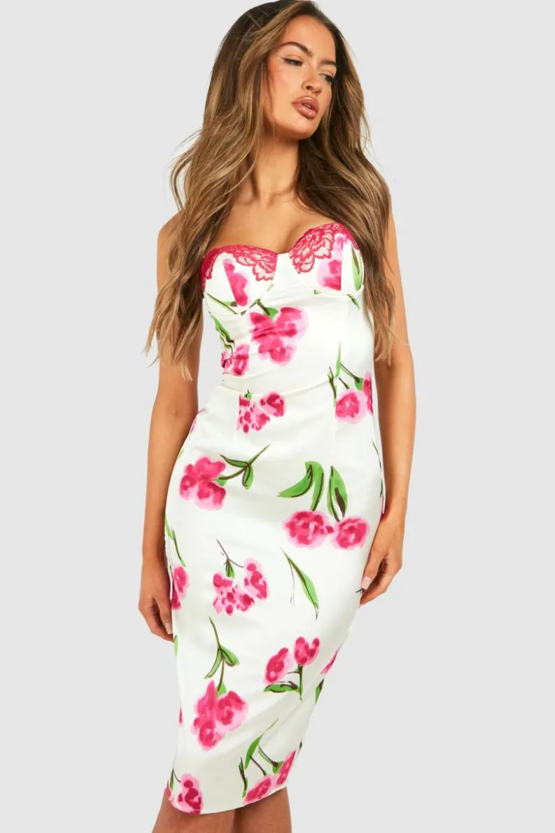 Midi Dresses*boohoo Floral Satin Corset Midi Dress purple