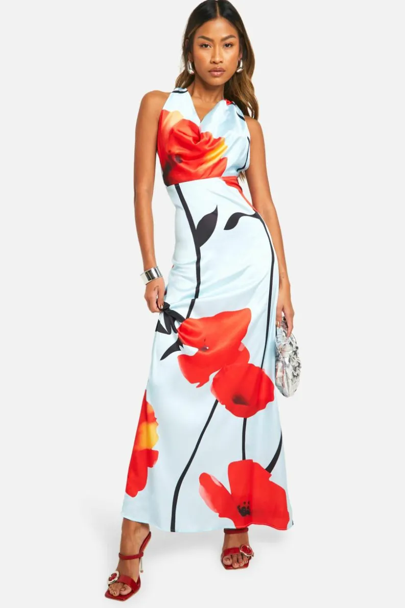 Cami Dresses*boohoo Floral Satin Cowl Front Maxi Dress blue