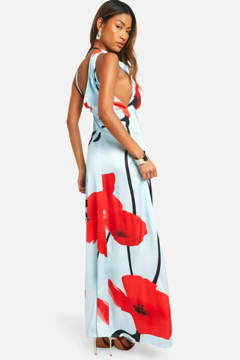 Cami Dresses*boohoo Floral Satin Cowl Front Maxi Dress blue