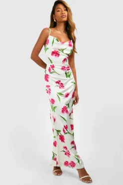 Cami Dresses|Midi Dresses*boohoo Floral Satin Midi Cowl Slip Dress purple