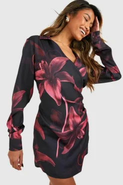 Shirt Dresses|Wrap Dresses*boohoo Floral Satin Wrap Shirt Dress maroon