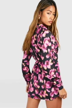 Wrap Dresses|Shirt Dresses*boohoo Floral Satin Wrap Shirt Dress black