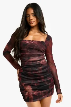 Mini Dresses|Long Sleeve Dresses*boohoo Floral Square Neck Ruched Mini Dress brown