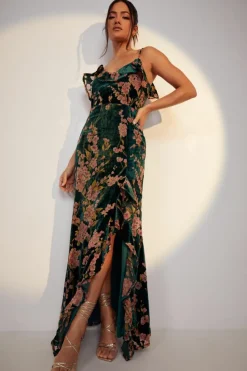 Cami Dresses*boohoo Floral Strappy Frill Detail Maxi Dress emerald