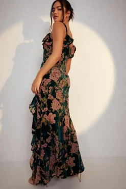 Cami Dresses*boohoo Floral Strappy Frill Detail Maxi Dress emerald