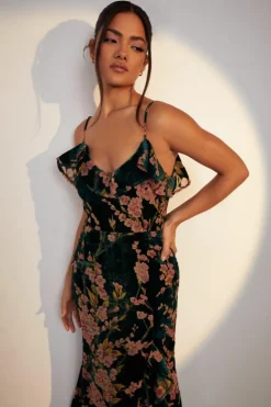 Cami Dresses*boohoo Floral Strappy Frill Detail Maxi Dress emerald