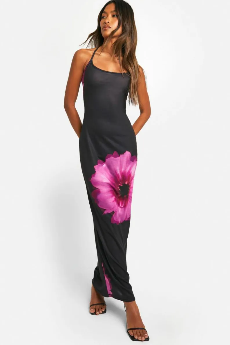 Cami Dresses|Maxi Dresses*boohoo Floral Strappy Maxi Dress black