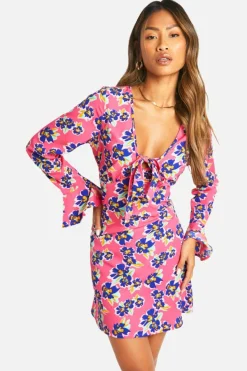 Smock Dresses*boohoo Floral Tie Front Smock Dress pink
