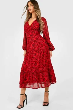 Smock Dresses|Midi Dresses*boohoo Floral Tie Midi Smock Dress red