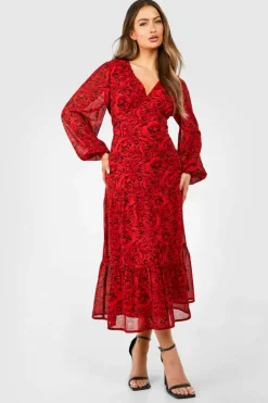 Smock Dresses|Midi Dresses*boohoo Floral Tie Midi Smock Dress red