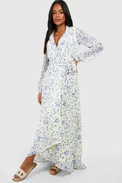 Wrap Dresses*boohoo Floral Wrap Belted Maxi Dress white