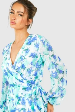 Wrap Dresses|Midi Dresses*boohoo Floral Wrap Belted Midi Dress blue
