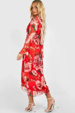 Wrap Dresses*boohoo Floral Wrap Midaxi Dress red