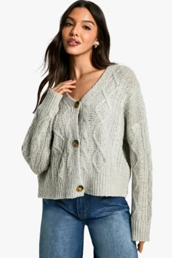 Cardigans|Jumpers & Cardigans*boohoo Fluffy Cable Knit Oversized Cardigan oatmeal