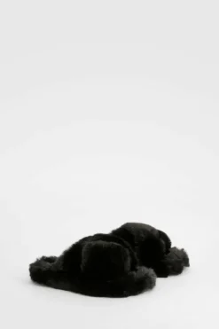 Slippers|Slippers*boohoo Fluffy Cross Front Platform Slipper black