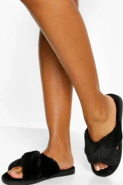 Sandals|Slippers*boohoo Fluffy Cross Front Slippers black