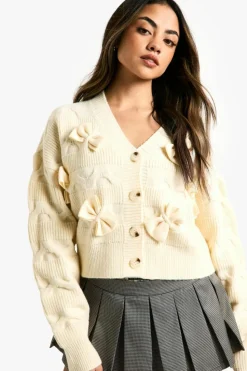 Cardigans*boohoo Fluffy Knit Bow Detail Cardigan cream